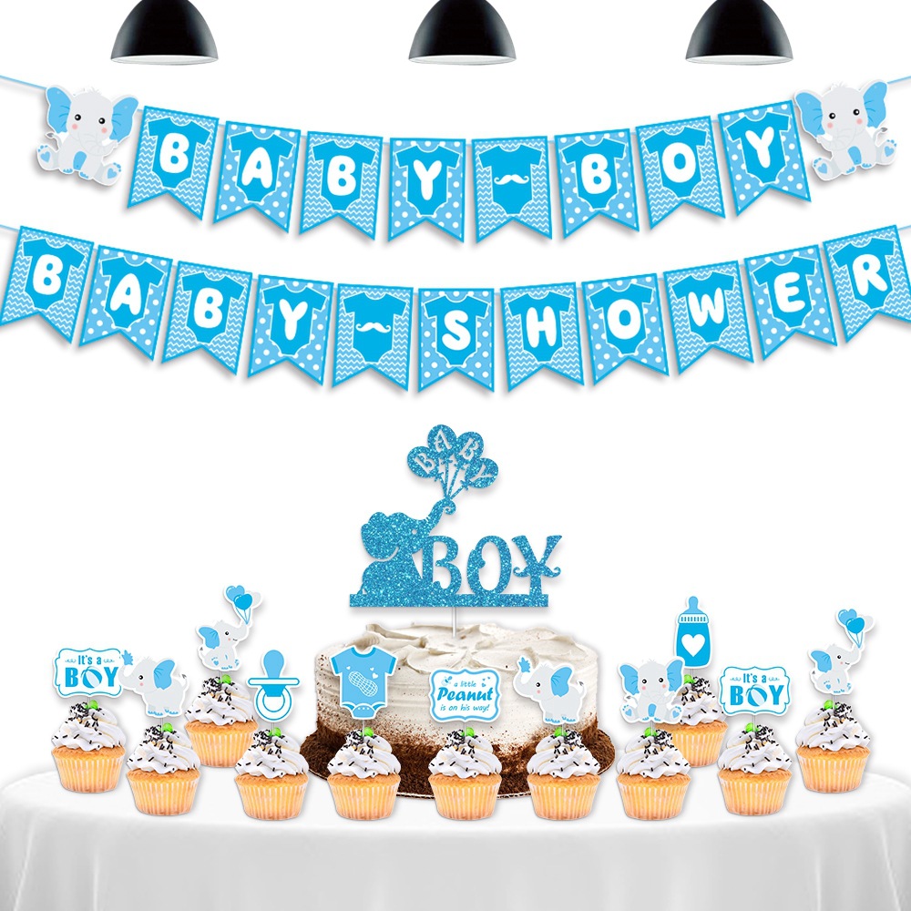 Nuevo estilo transfronterizo de decoración de fiesta de baby shower, bandera, elefante azul, bebé, niño, fiesta de bienvenida para bebés, decoración