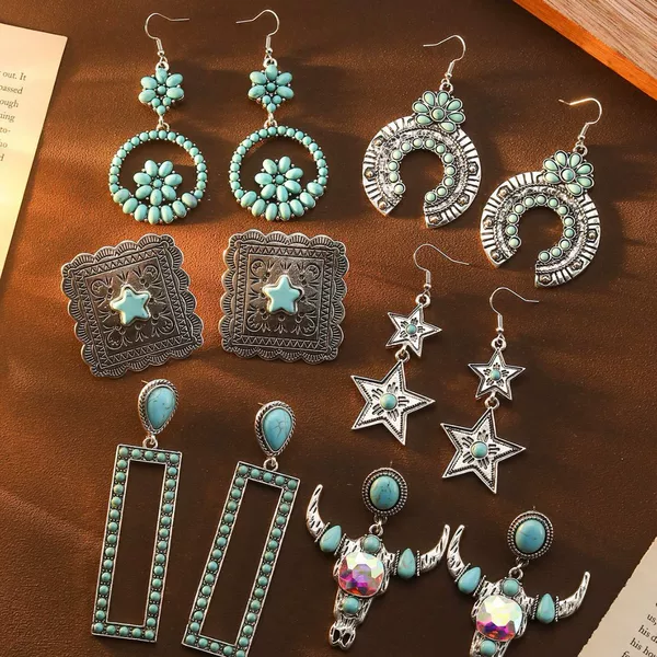European and American Cross-border Hot Sale Bohemian Diamond-encrusted Turquoise Flower Star Earrings High-end Retro Ethnic Style Earrings