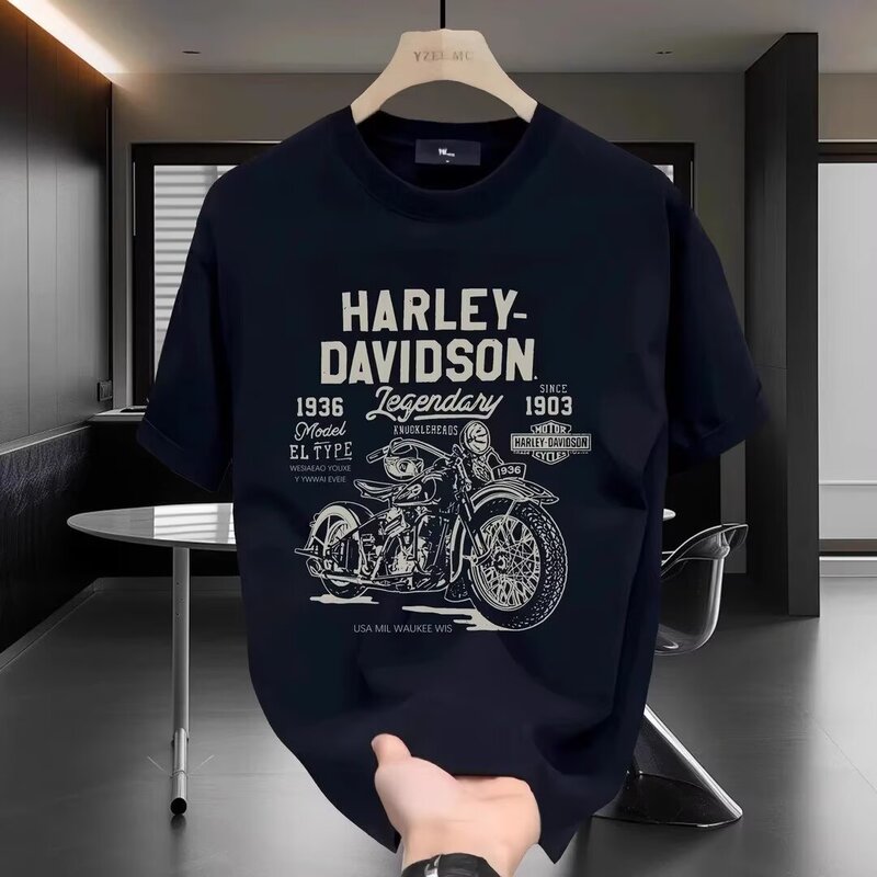 Summer Vintage Back Motorcycle Printed Long Velvet Pure Cotton Short-sleeved T-shirt Men's Trendy Brand Slim-fit Half-sleeved Top for Men Summer Vintage Back Motorcycle Printed Long Velvet Pure Cotton Short-sleeved T-shirt Men's Trendy Brand Slim-fit Half-sleeved Top for Men