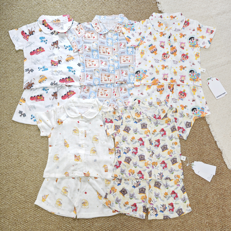Summer 80-120cm Children's Short-Sleeved Shorts, Cute Cartoon Bamboo Fiber Home Clothes Set for Boys and Girls