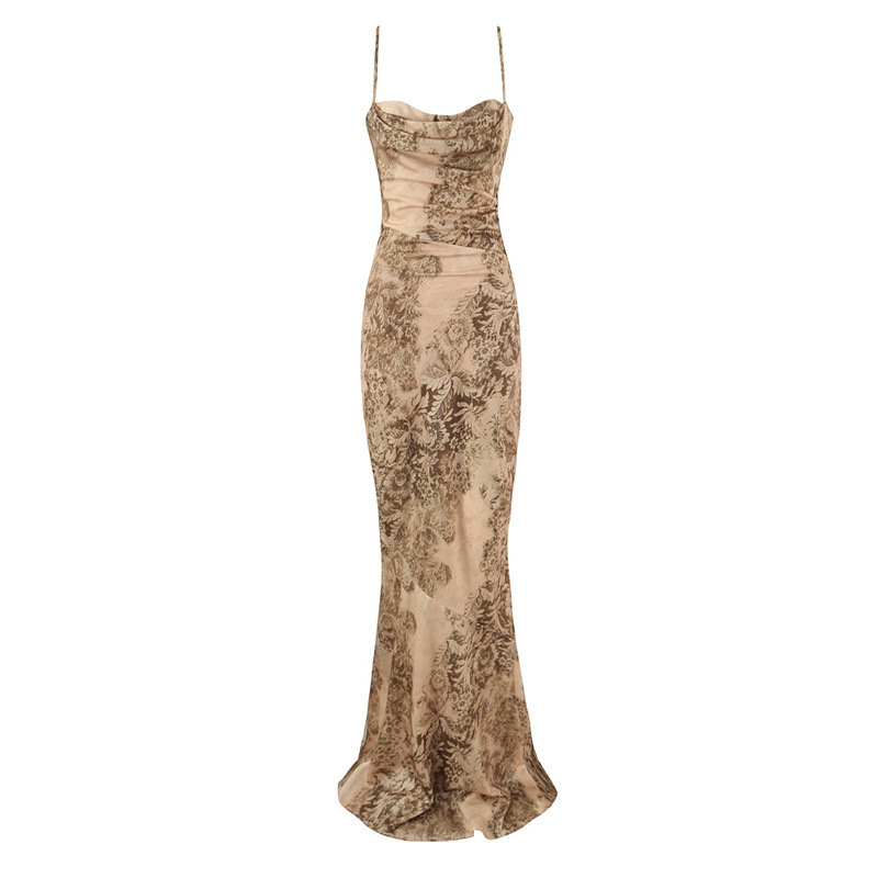 European and American Style Sexy and Elegant Gold Printed Satin Maxi Dress Evening Gown with Waist-Cinching and Hip-Hugging Mermaid Skirt European and American Style Sexy and Elegant Gold Printed Satin Maxi Dress Evening Gown with Waist-Cinching and Hip-Hugging Mermaid Skirt