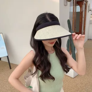 夏季女草编UV防晒帽子太阳帽时尚洋气遮阳帽夏天骑行空顶大檐草帽