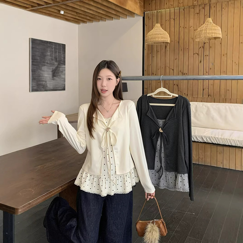 2026 Spring New Style Plus-Size Women's Sweet Lace Patchwork Polka Dot Long-Sleeve Faux Two-Piece Top 2026 Spring New Style Plus-Size Women's Sweet Lace Patchwork Polka Dot Long-Sleeve Faux Two-Piece Top