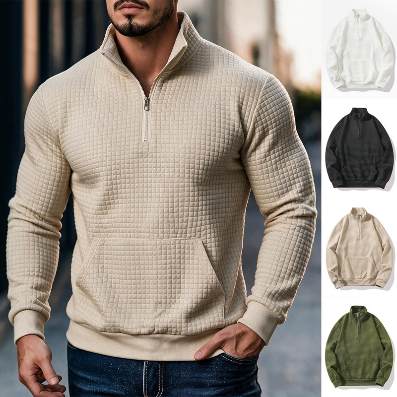 2025 Cross-Border European and American Foreign Trade Amazon Hot-Selling Casual Solid Color Waffle Half-Zip Pocket Long-Sleeve Stand Collar Sweatshirt