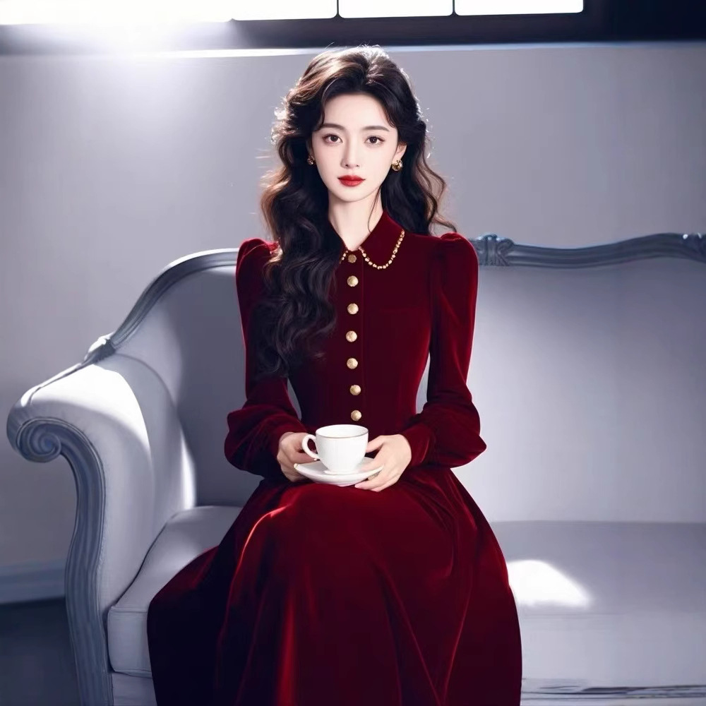 Winter 2024 Rich Family's daughter High-end Wear Annual Meeting Dress Long Dress French wine red Velvet dress