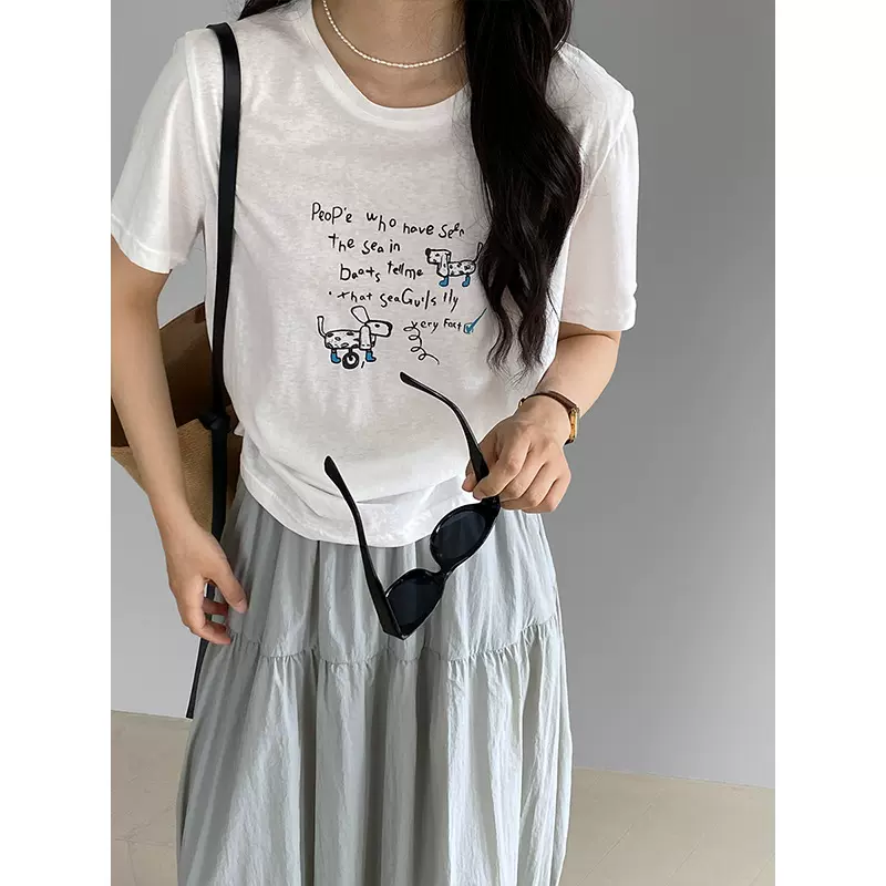 江左 韩系印花短袖T恤女薄款女装夏高级感夏季上衣正肩T恤女6267