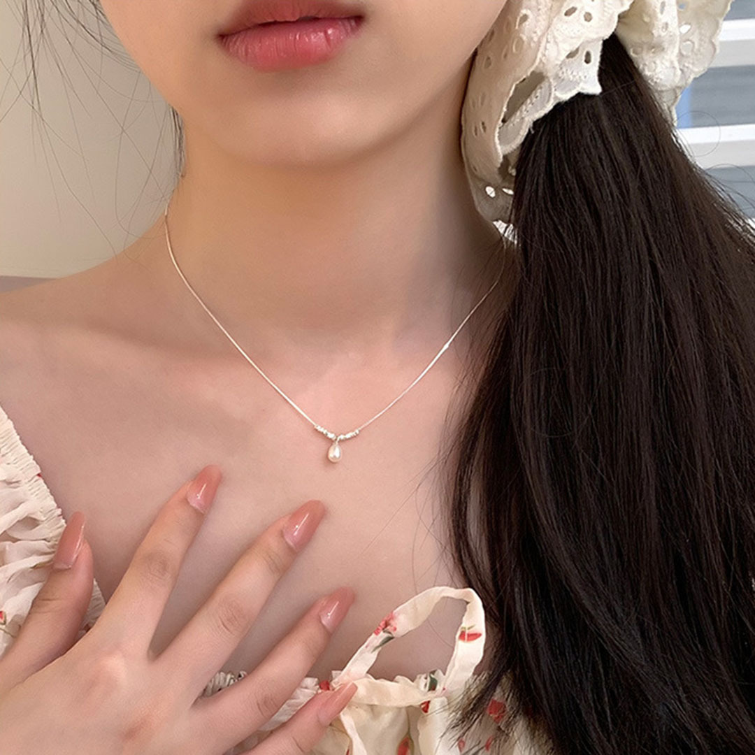 S925纯银碎银子天然淡水珍珠吊坠项链女ins小众