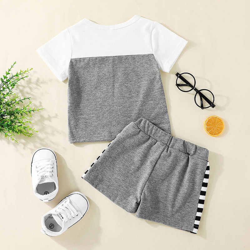 Short Sleeve Color Matching T-shirt And Striped Shorts Children's Clothing Two-piece Set display picture 2