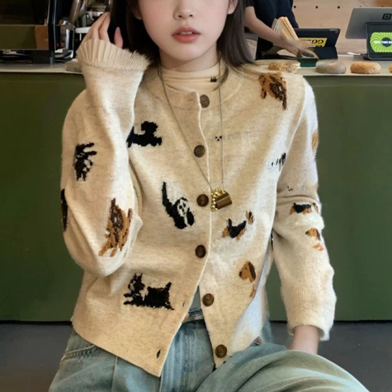 Korean Style Cute Puppy Embroidered Knitted Cardigan for Women 2025 New Ins Slimming Look Versatile Age-Reducing Top Korean Style Cute Puppy Embroidered Knitted Cardigan for Women 2025 New Ins Slimming Look Versatile Age-Reducing Top