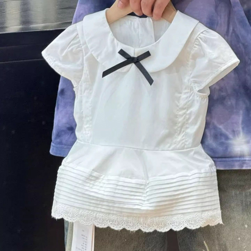 韩版女童2025夏季新款白色蕾丝荷叶边短袖衬衫女孩甜美花边阔腿裤