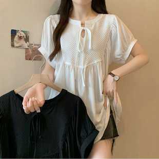 [Original Workmanship] Design Sense Black Short-sleeved Shirt Women's Summer plus size chubby girl Tight Waist Slimming Belly Cover