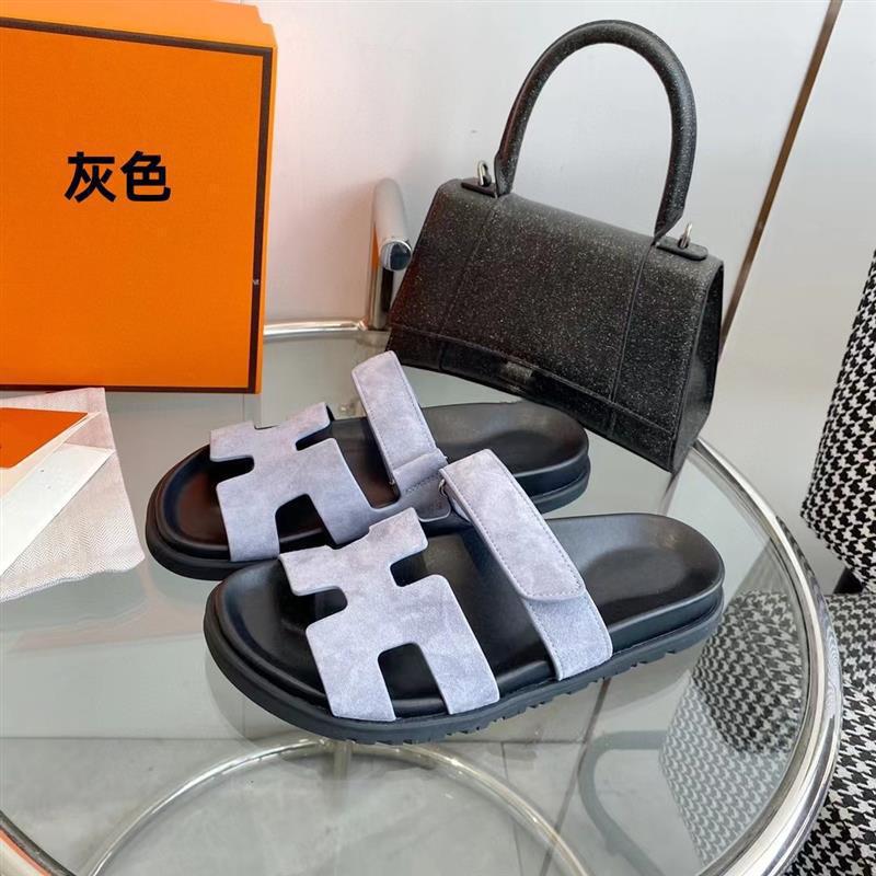 女性用の高品質の二級サンダル、ビーチ用の第一層牛革ベルクロスリッポン、男性用のフラットビッグブランドスリッパ|undefined