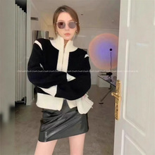 法式气质撞色拉链款针织开衫 跨境外贸出口单女式针织衫 库存服装