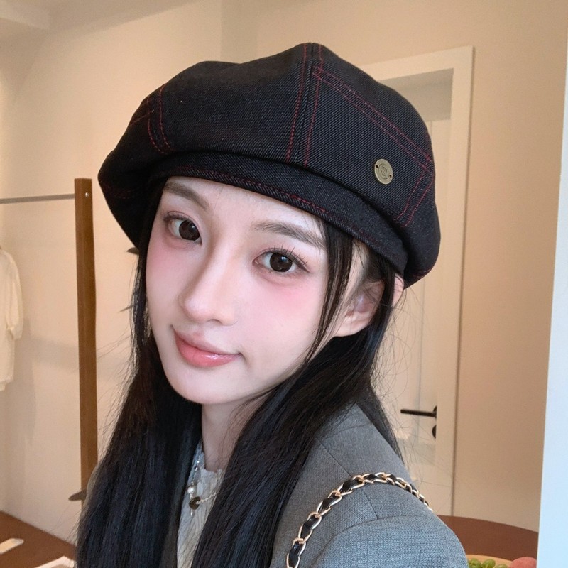 蓝色牛仔贝雷帽女2025新款春秋大头围八角帽秋冬韩系蓓蕾画家帽子|undefined