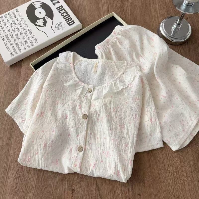 韩系公主风云朵棉睡衣女夏季新款短袖蕾丝可爱碎花开衫家居服套装