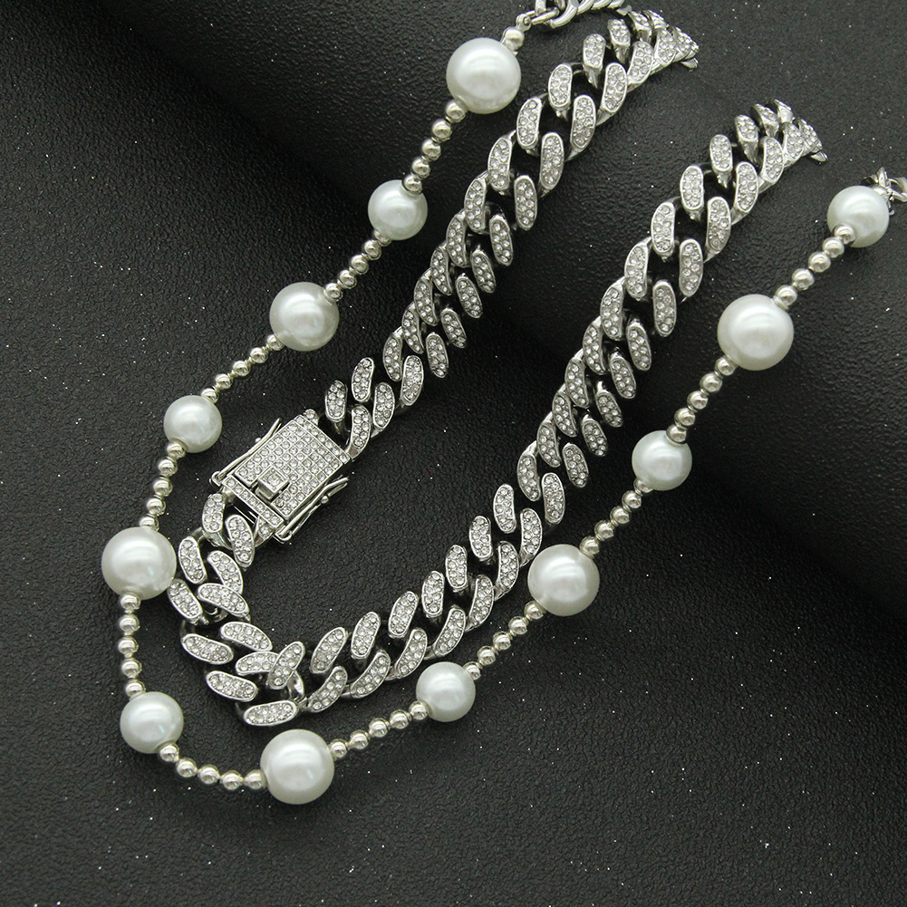 Fashion hip hop metal Cuban necklace thick pearl full diamond alloy necklace