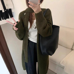 韩系慵懒风飘带长款过膝毛衣外套女秋冬新款宽松百搭针织开衫1287