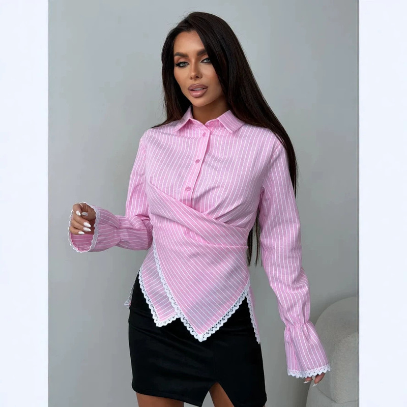 Korean-Style Sweet and Spicy Striped Shirt for Women, Waist-Cinching, Slimming, Lace Trim, Flared Sleeves, Turn-Down Collar, Tie Design Top