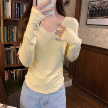 美式2025秋冬新款韩版v领褶皱设计糖果色百搭长袖内搭T恤女装上衣