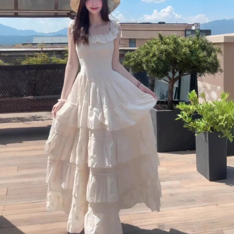 French-Style Small Flutter Sleeve Spaghetti Strap Dress for Women, Summer Beach Vacation Birthday Princess Dress, Puffy Cake Long Dress