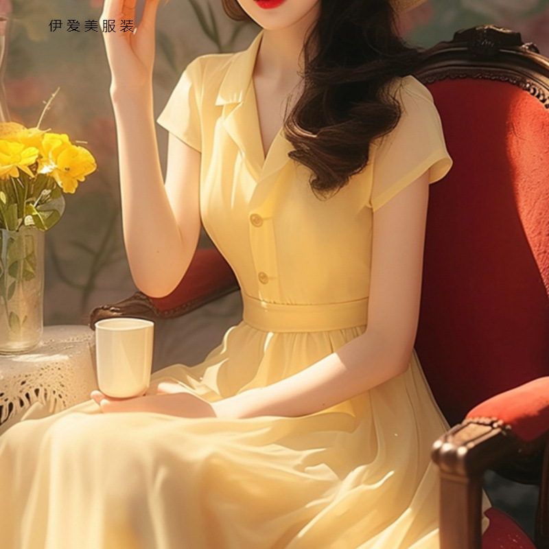 French-Style Gentle Yellow Dress 2025 Summer New Model Waist-Cinching Slimming Elegant Formal Occasion Shirt Dress French-Style Gentle Yellow Dress 2025 Summer New Model Waist-Cinching Slimming Elegant Formal Occasion Shirt Dress