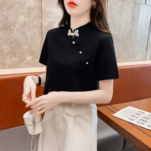 新中式珍珠盘扣黑色T恤女2024夏季新款改良旗袍立领复古国风上衣
