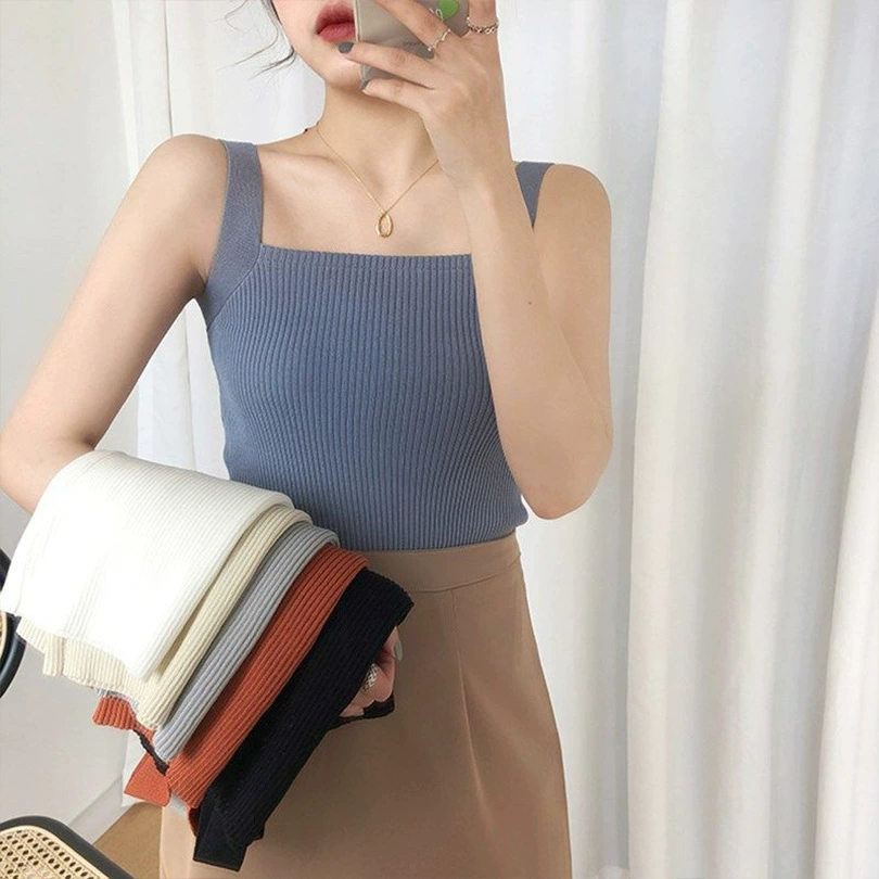 Официальная картина, вязаная внутренняя майка без рукавов, женский топ, нижний свитер, тонкий верхний топ с квадратным воротником, трибутомия