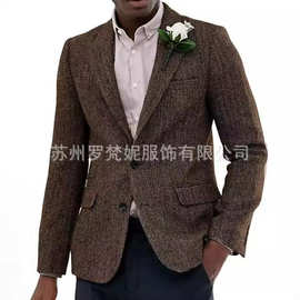 新款亚马逊男士西装男士棕色灰色花呢人字呢男式西装修身礼服