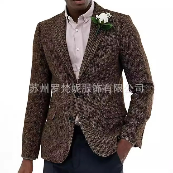 New Amazon Men's Suit Men's Brown Grey Tops Herringbone Men's Suit Slim Fit Dress