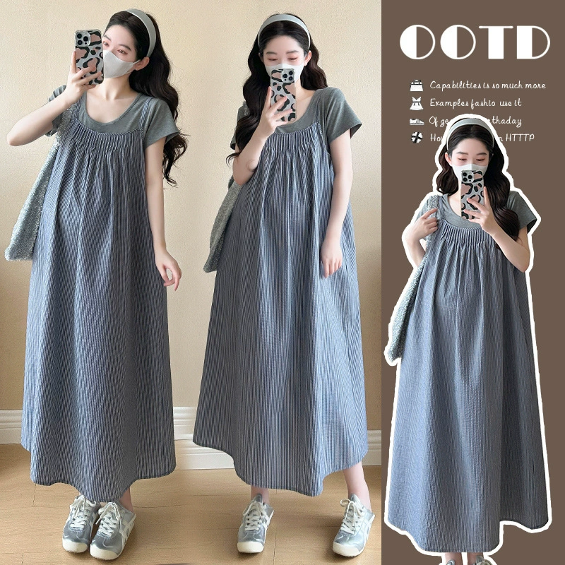 Летний костюм для беременных 2025 года, полосатая юбка на бретелях, серая рубашка, летнее повседневное платье из двух предметов