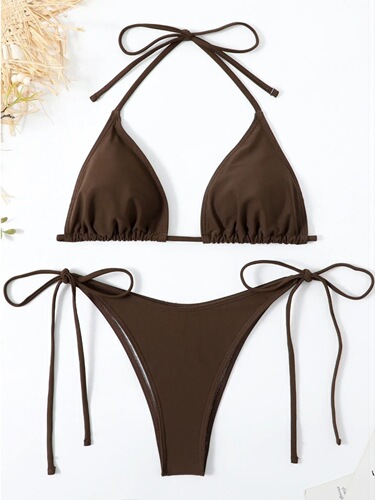 Solid color lace-up back bikini set