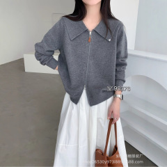 韩版双拉链翻领毛衣开衫女25秋冬新款慵懒风宽松软糯针织外套C148