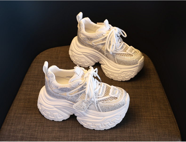 Giày sneaker nữ đế dày tăng chiều cao phong cách thời trang đính đá rhinestone, thoáng khí — màu trắng chi tiết 5