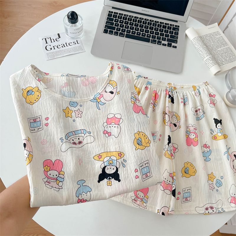 Venta al por mayor transfronteriza de pijamas vietnamitas verano femenino dibujos animados coreanos dulce y lindo estudiante estampado cuello redondo nube algodón estilo ins