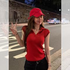 韓国風赤色ポロ襟小袖半袖Tシャツ女性用夏小柄体型スリムハイウエストショート丈Vネックセーター薄手