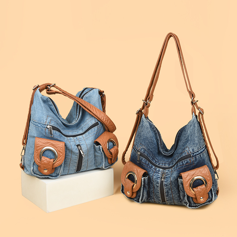 Cross-Border Women's Denim Backpack Original Niche Casual Motorcycle Commuter Bag Crossbody Canvas Bag Design - Thumbnail 5