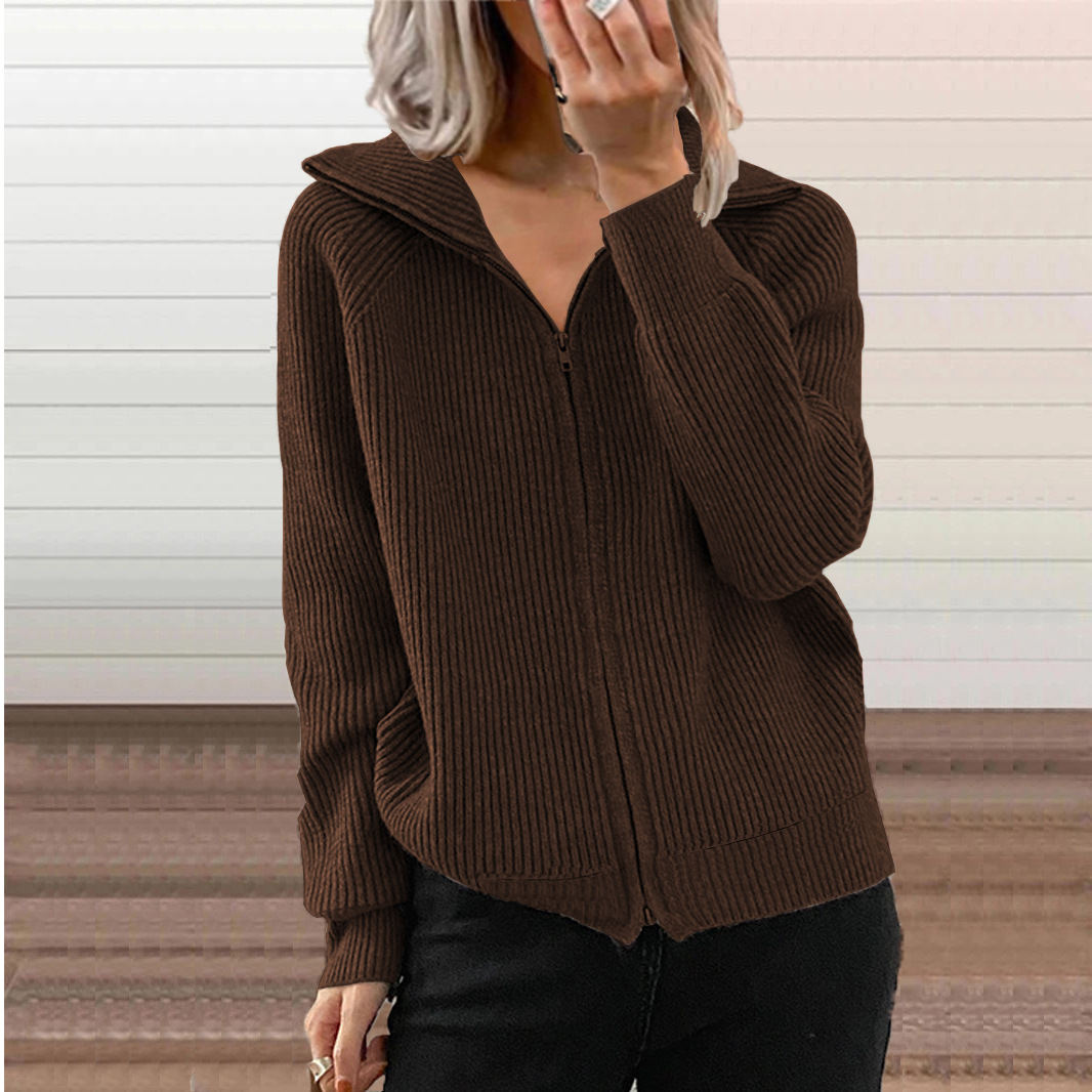 Otoño e invierno transfronterizo europeo y americano Nuevo abrigo casual a rayas suéter suelto cremallera cardigan manga larga suéter de solapa para mujer image 5