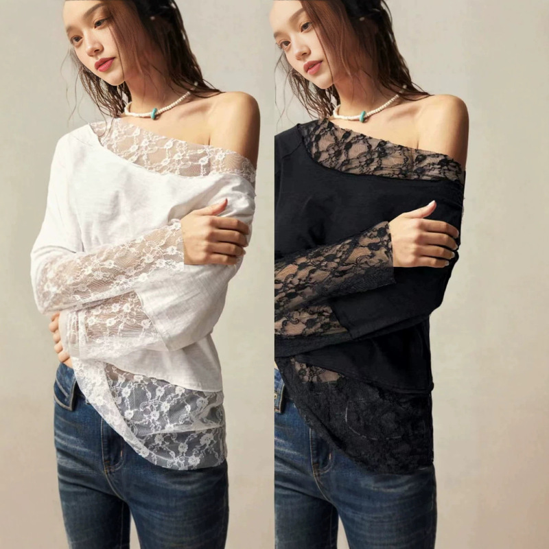 European and American Cross-Border Bohemian Style All-Season Versatile Casual Fashion Elegant Off-Shoulder Long-Sleeve Lace Cuff T-Shirt European and American Cross-Border Bohemian Style All-Season Versatile Casual Fashion Elegant Off-Shoulder Long-Sleeve Lace Cuff T-Shirt