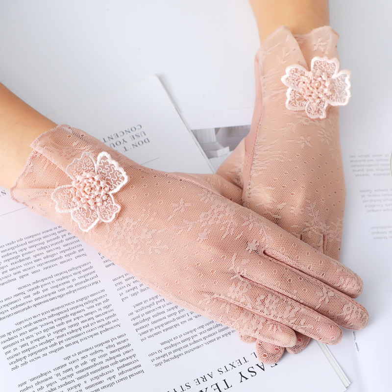 Summer thin ice silk gloves women's short thin outdoor cycling driving lace breathable touch screen sun protection gloves wholesale_voghion.com