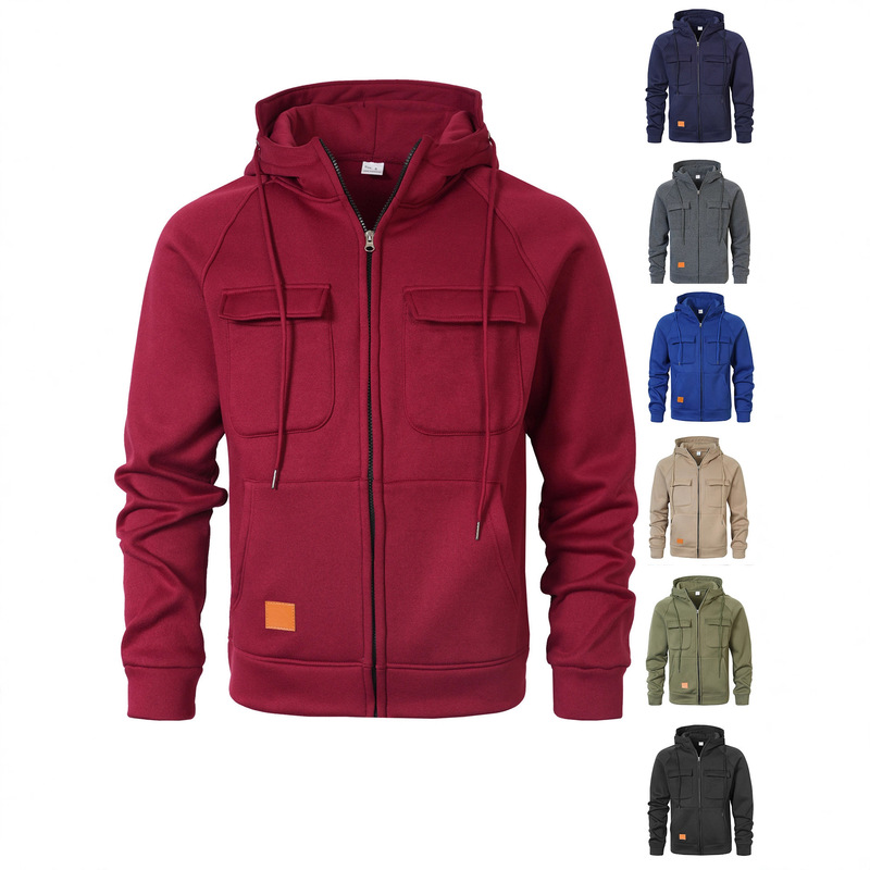 Cross-border European Code Spring Autumn Winter American Hooded Loose Collar Casual Sweater Men's Multi-pocket Cardigan Zipper Jacket