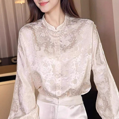 年轻款香云纱上衣新中式桑蚕丝国风女装早秋长袖时尚提花衬衫大码