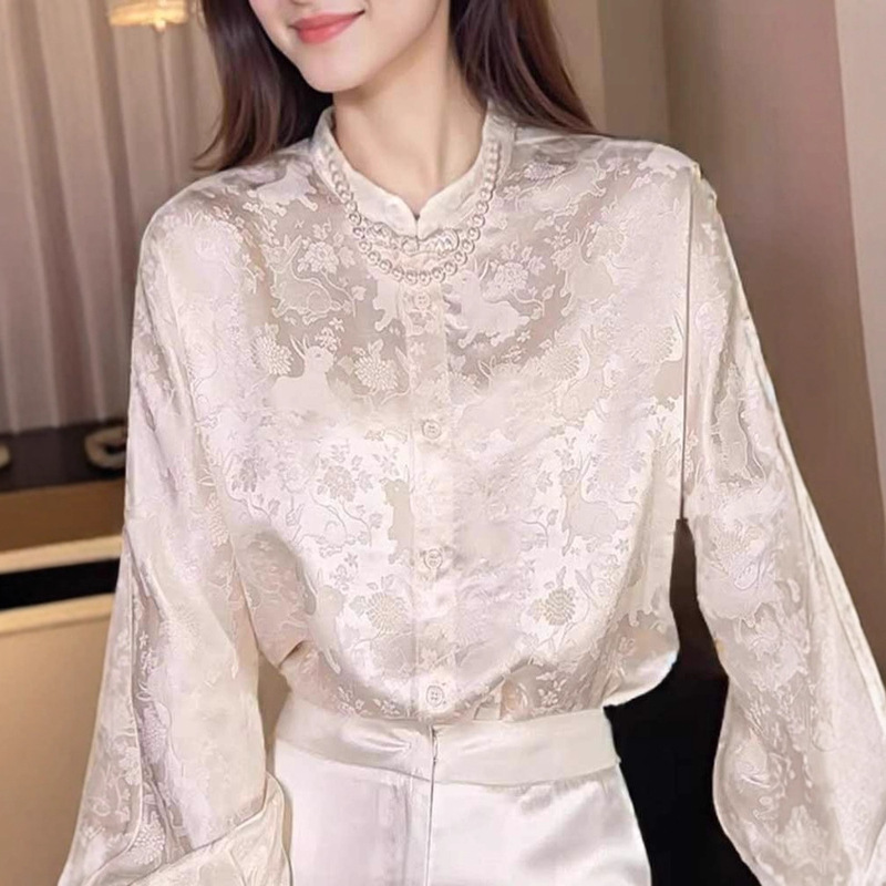 年轻款香云纱上衣新中式桑蚕丝国风女装早秋长袖时尚提花衬衫大码|undefined