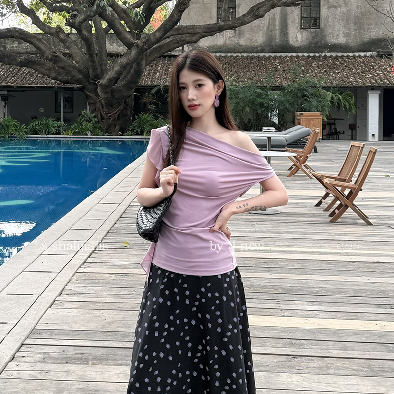 Ls Sweet Solid Color Vacation Style Slim Fit One-Shoulder Blouse Guangzhou Shisanxing 2026 Summer New Top 61523 # Ls Sweet Solid Color Vacation Style Slim Fit One-Shoulder Blouse Guangzhou Shisanxing 2026 Summer New Top 61523 #