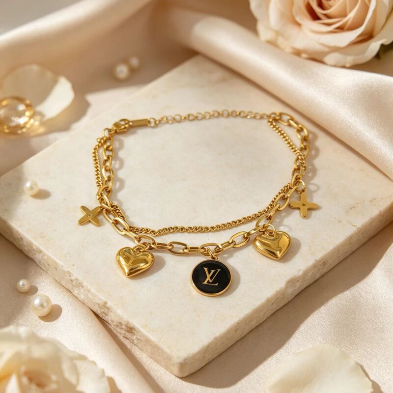 18K Gold Double-Layer Titanium Steel Bracelet for Women, Light Luxury Lv Round Tag Heart-Shaped Four-Leaf Clover Stackable Bracelet, Non-Fading Jewelry 18K Gold Double-Layer Titanium Steel Bracelet for Women, Light Luxury Lv Round Tag Heart-Shaped Four-Leaf Clover Stackable Bracelet, Non-Fading Jewelry