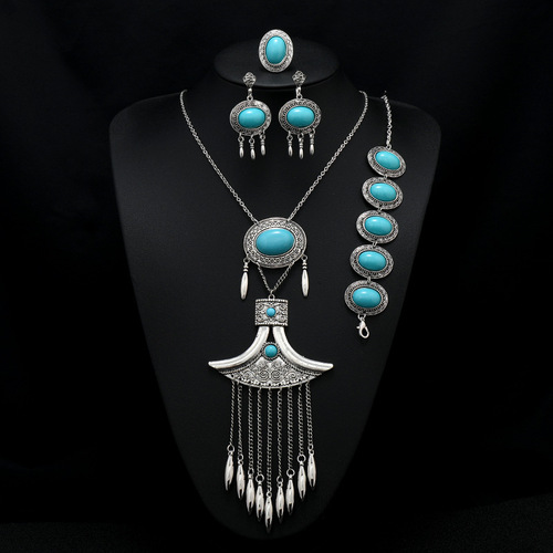 European and American ethnic style long tassel necklace retro exotic bohemian vacation bracelet earrings travel suit for women