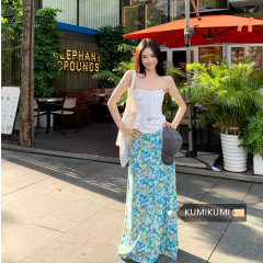 女性用巾着チューブトップ+ブルー花柄スカート夏の新しい海辺のリゾートスタイルのツーピーススーツ