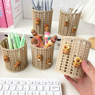 New Cartoon Guinea Pig Imitation Rattan Pen Holder Cute Student Stationery Office Desk Storage Box Makeup Brush Storage Box