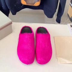 New European and American-style chunky-soled, candy-colored leather mule sandals with horsehair accents—perfect for casual, everyday wear as comfortable flat shoes for women.