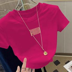 2025新爆款玫红色短袖t恤女小个子款夏修身短款辣妹小衫正肩上衣
