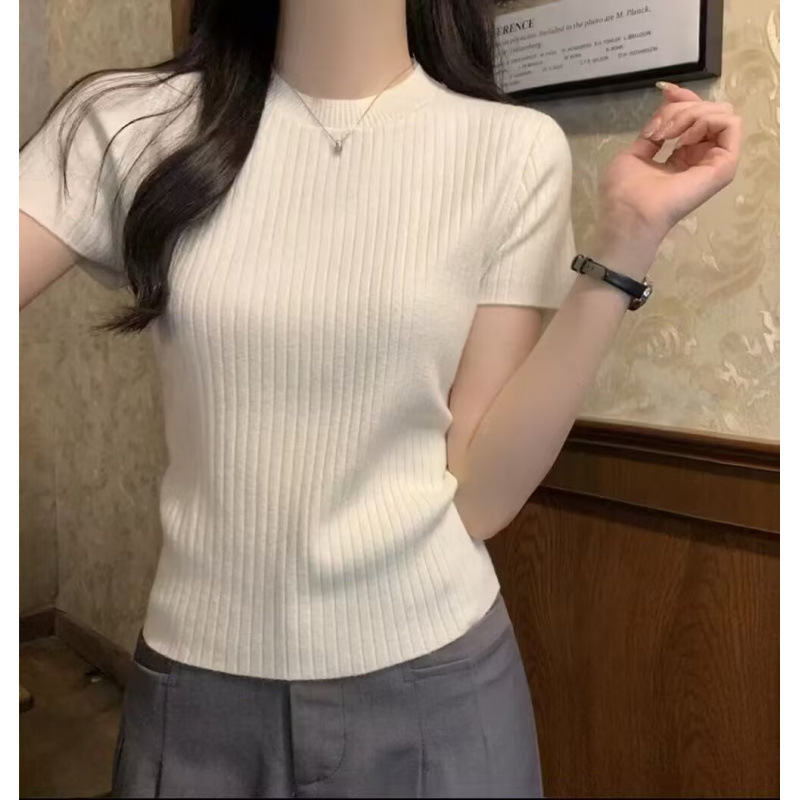 Knitted Short-Sleeve T-Shirt for Women, 2025 New Summer Design, Ice Silk Base Shirt, Slim Fit, Regular Shoulder, Short Top Knitted Short-Sleeve T-Shirt for Women, 2025 New Summer Design, Ice Silk Base Shirt, Slim Fit, Regular Shoulder, Short Top